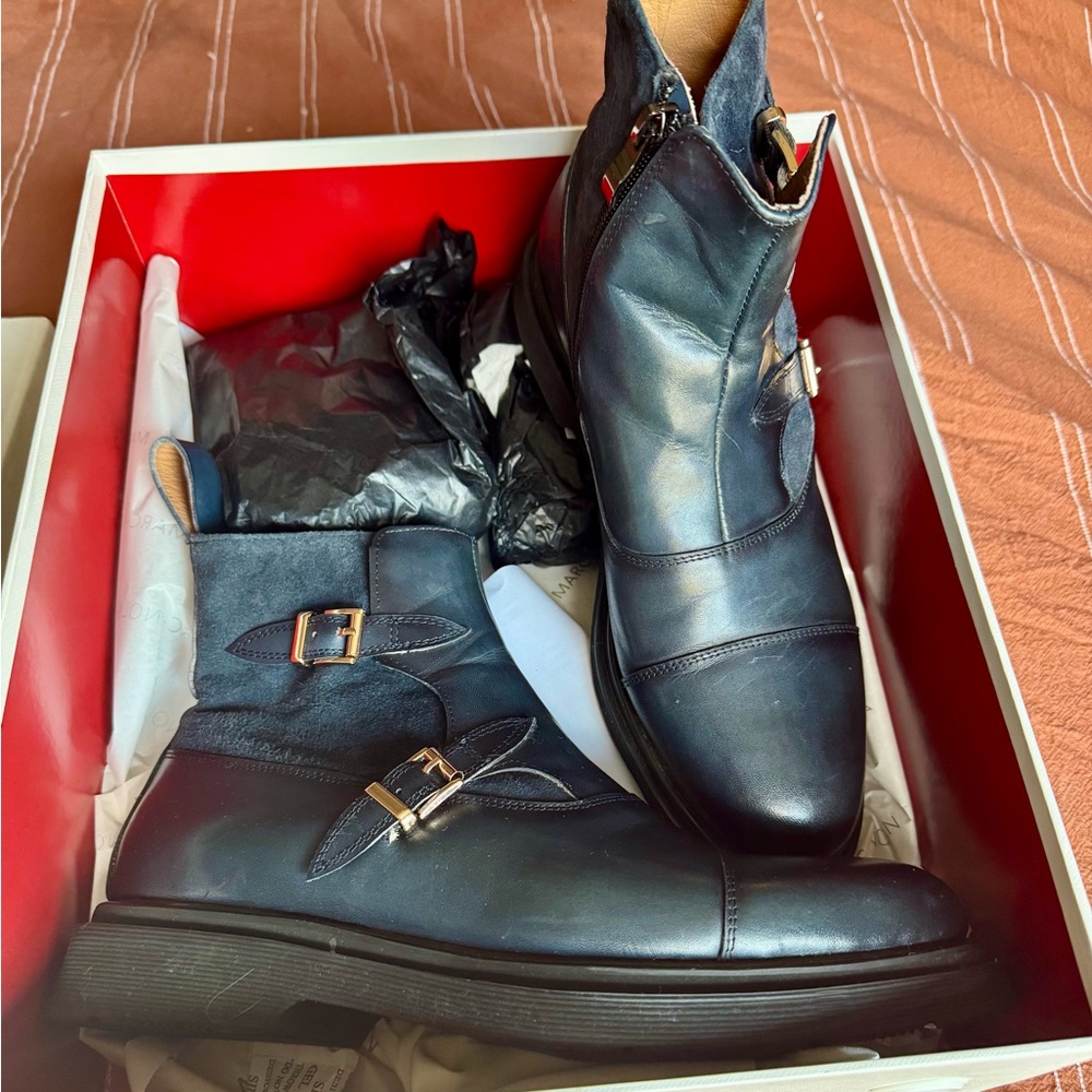 Marc Nolan Grant Navy Blue Leather and Suede Boots